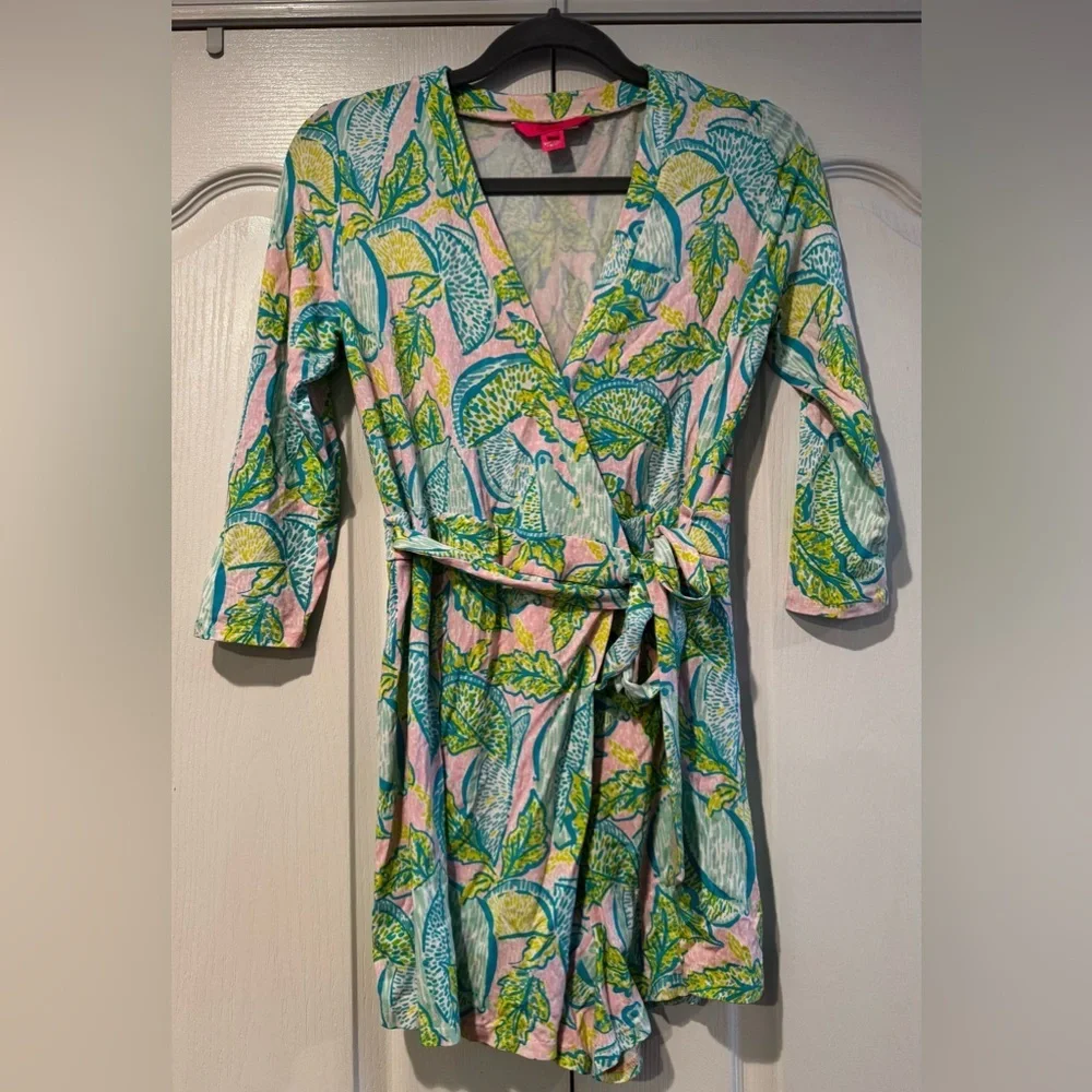 Lilly Pulitzer Pink, Green and Blue Leaf Patterned Wrap Romper - Size S